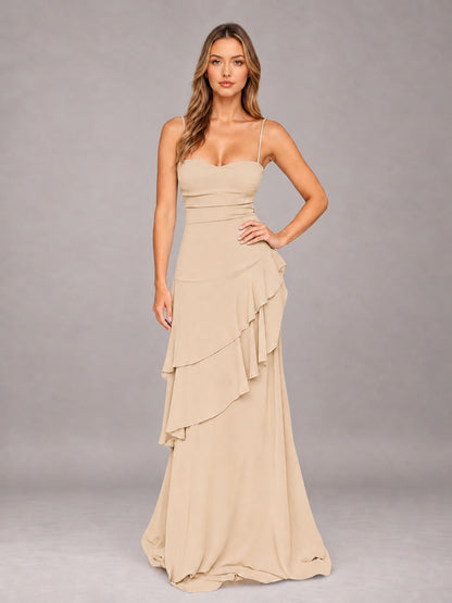 Champagne A-Line Spaghetti Strap Chiffon Floor Length Bridesmaid Dress