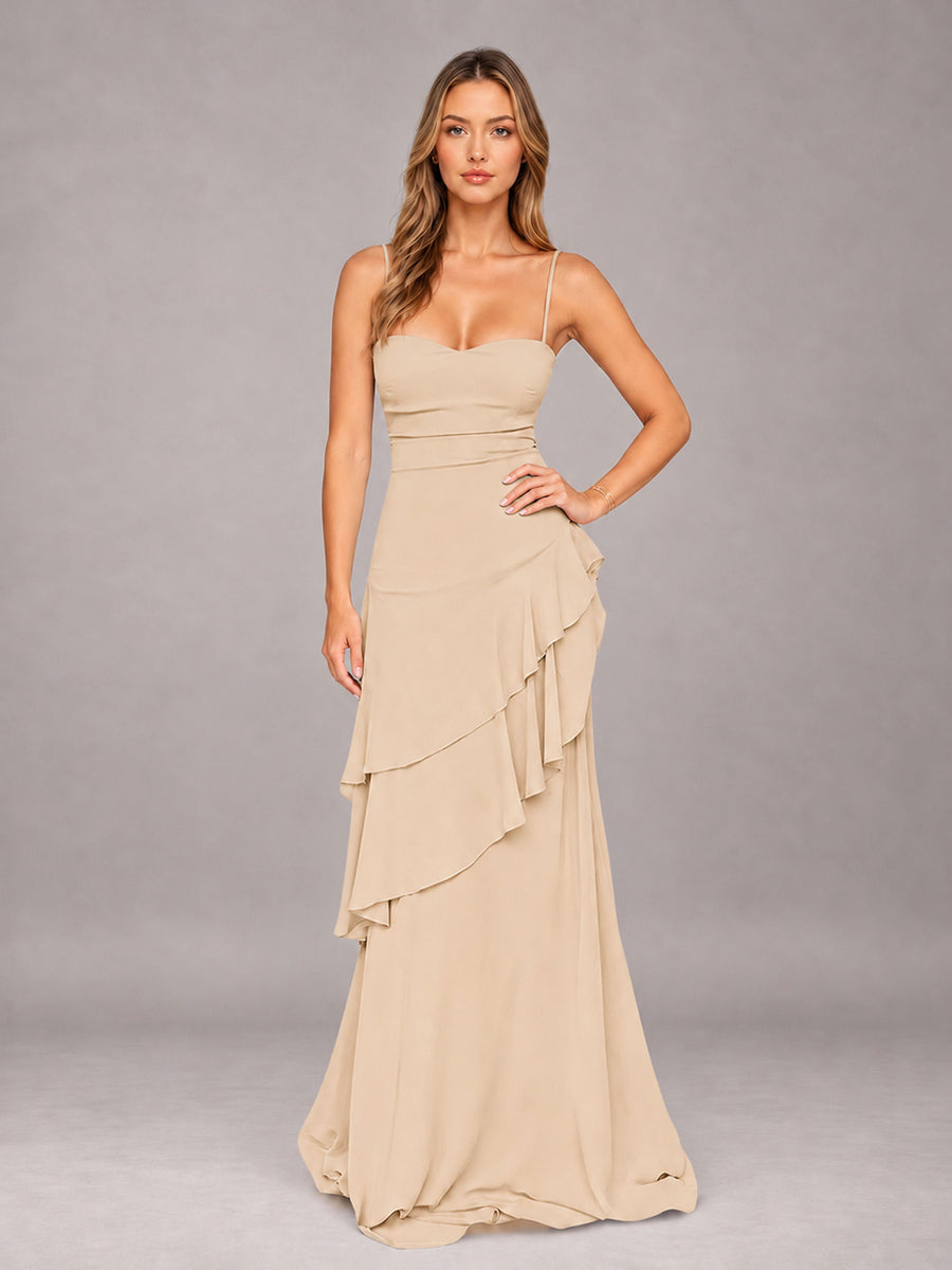 Champagne A-Line Spaghetti Strap Chiffon Floor Length Bridesmaid Dress