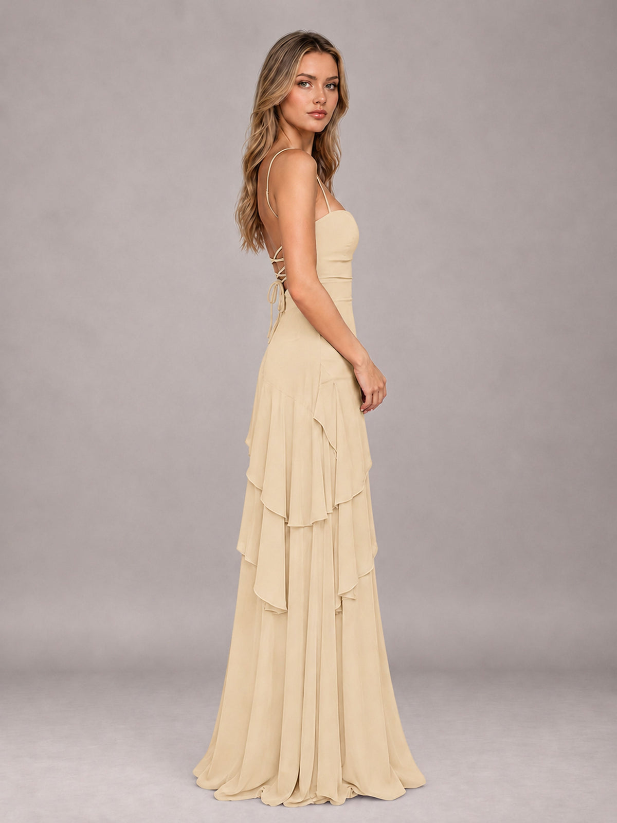 Champagne A-Line Spaghetti Strap Chiffon Floor Length Bridesmaid Dress