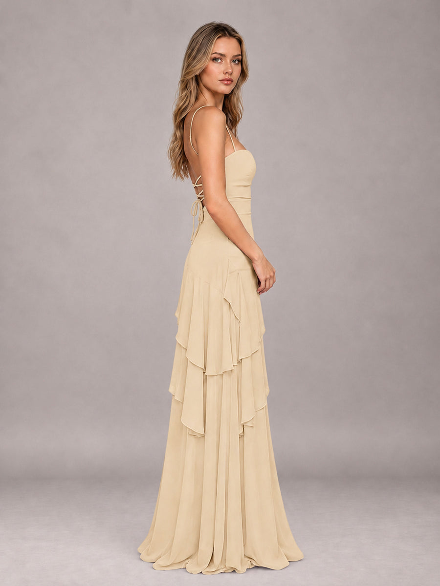 Champagne A-Line Spaghetti Strap Chiffon Floor Length Bridesmaid Dress