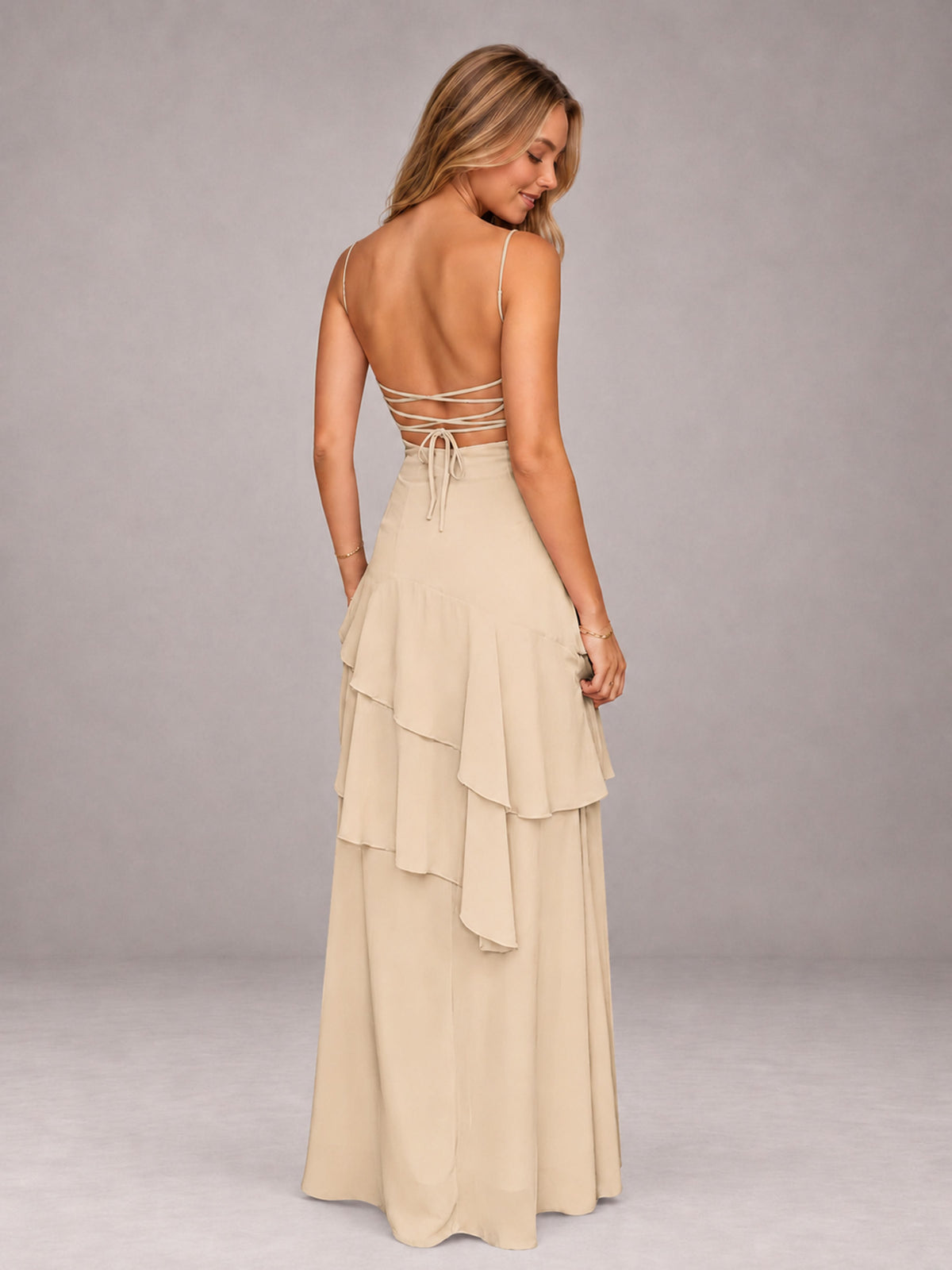 Champagne A-Line Spaghetti Strap Chiffon Floor Length Bridesmaid Dress