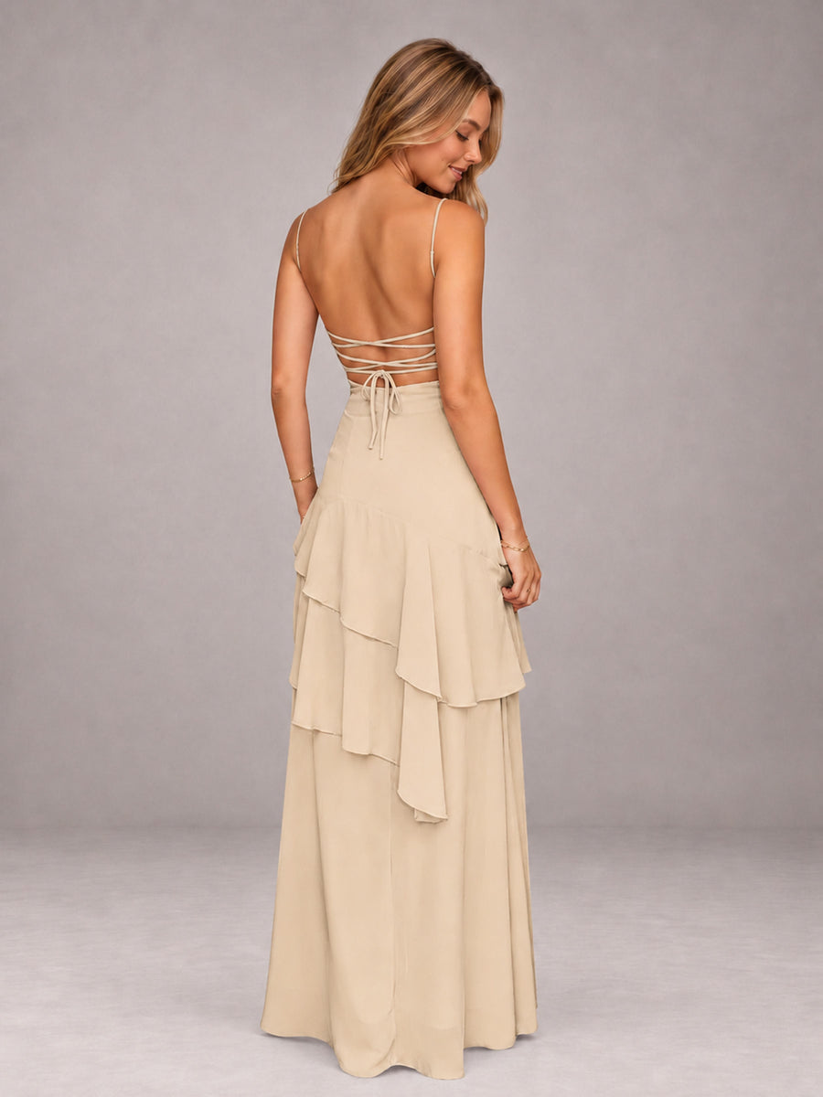 Champagne A-Line Spaghetti Strap Chiffon Floor Length Bridesmaid Dress