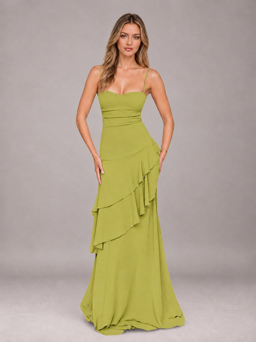 Chartreuse A-Line Spaghetti Strap Chiffon Floor Length Bridesmaid Dress