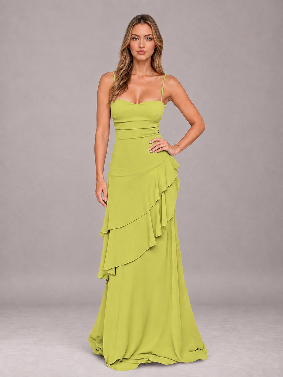 Chartreuse A-Line Spaghetti Strap Chiffon Floor Length Bridesmaid Dress