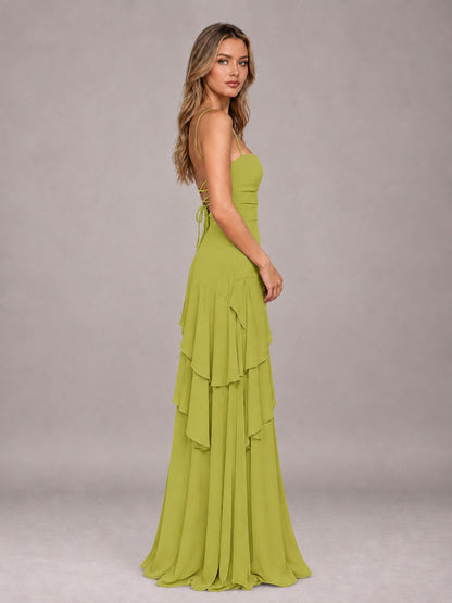 Chartreuse A-Line Spaghetti Strap Chiffon Floor Length Bridesmaid Dress