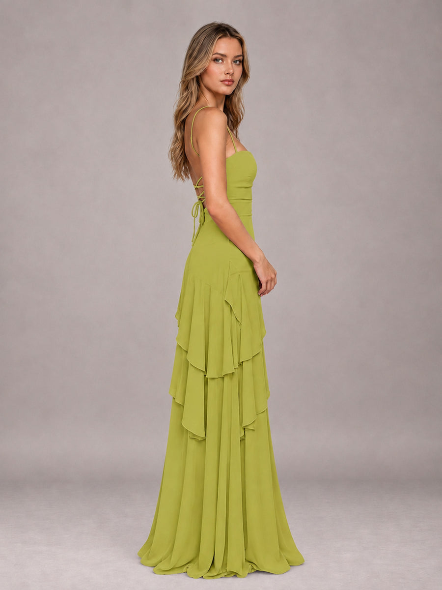 Chartreuse A-Line Spaghetti Strap Chiffon Floor Length Bridesmaid Dress