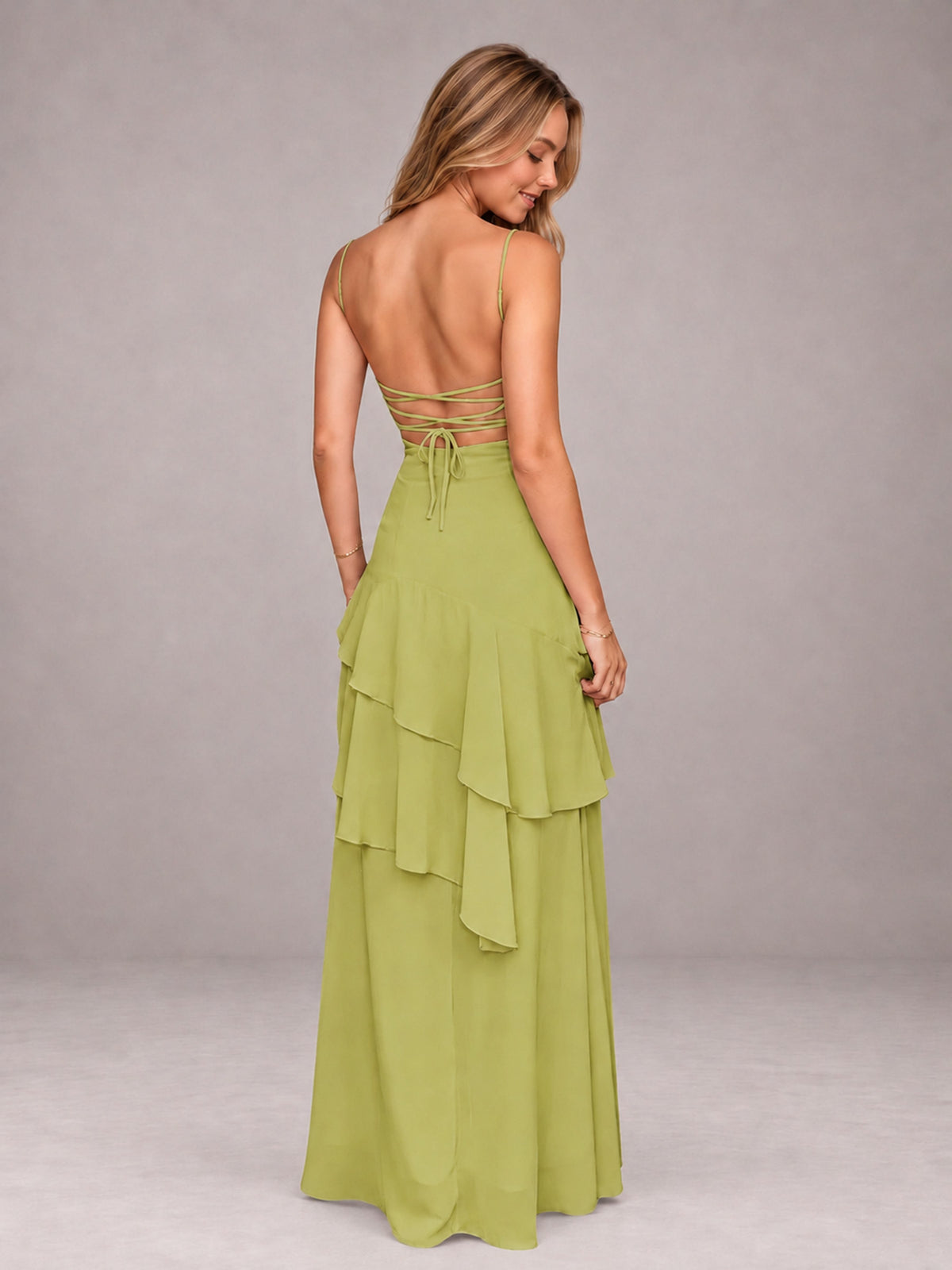 Chartreuse A-Line Spaghetti Strap Chiffon Floor Length Bridesmaid Dress