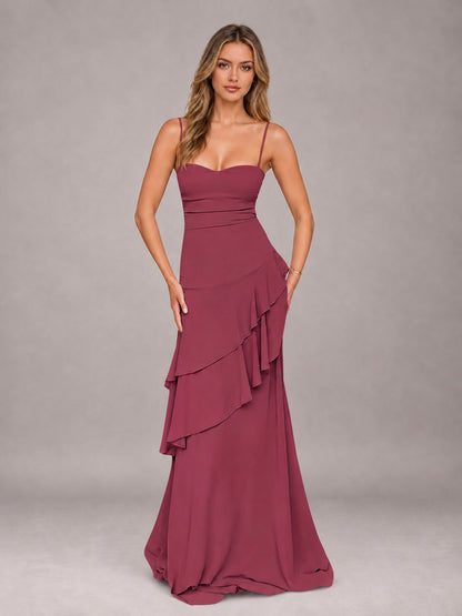 Cinnamon Rose A-Line Spaghetti Strap Chiffon Floor Length Bridesmaid Dress
