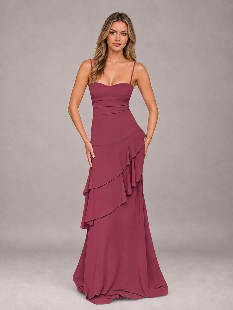 Cinnamon Rose A-Line Spaghetti Strap Chiffon Floor Length Bridesmaid Dress