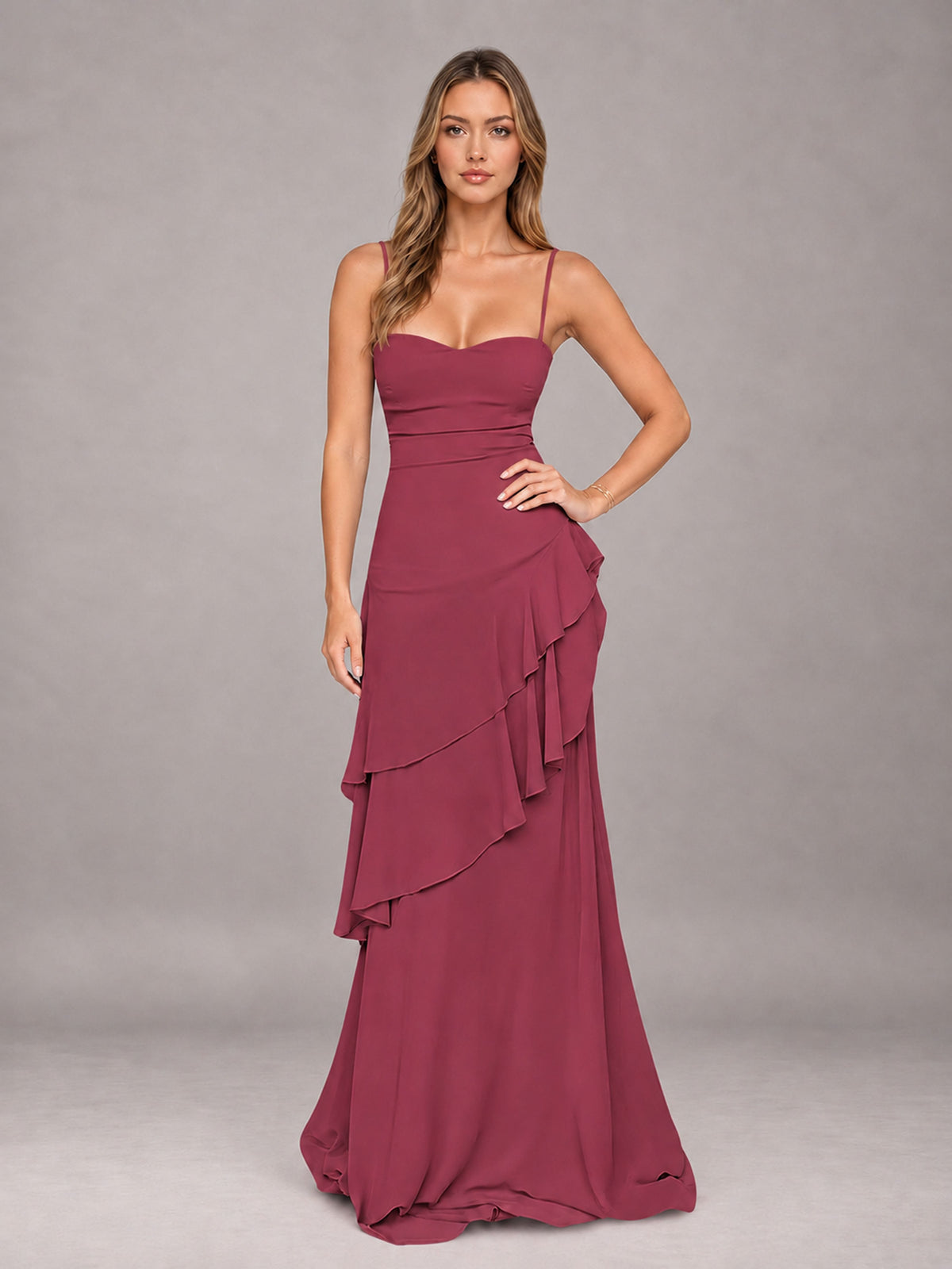 Cinnamon Rose A-Line Spaghetti Strap Chiffon Floor Length Bridesmaid Dress