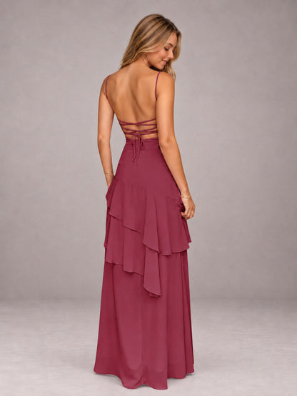 Cinnamon Rose A-Line Spaghetti Strap Chiffon Floor Length Bridesmaid Dress