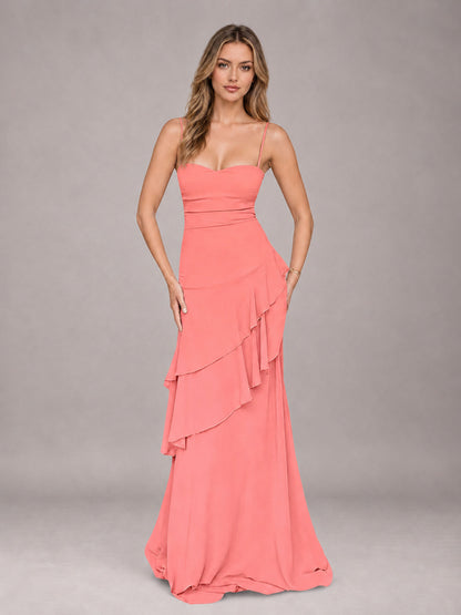 Coral A-Line Spaghetti Strap Chiffon Floor Length Bridesmaid Dress