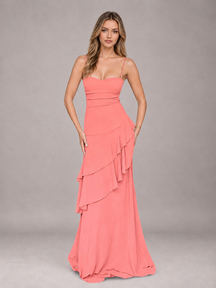 Coral A-Line Spaghetti Strap Chiffon Floor Length Bridesmaid Dress