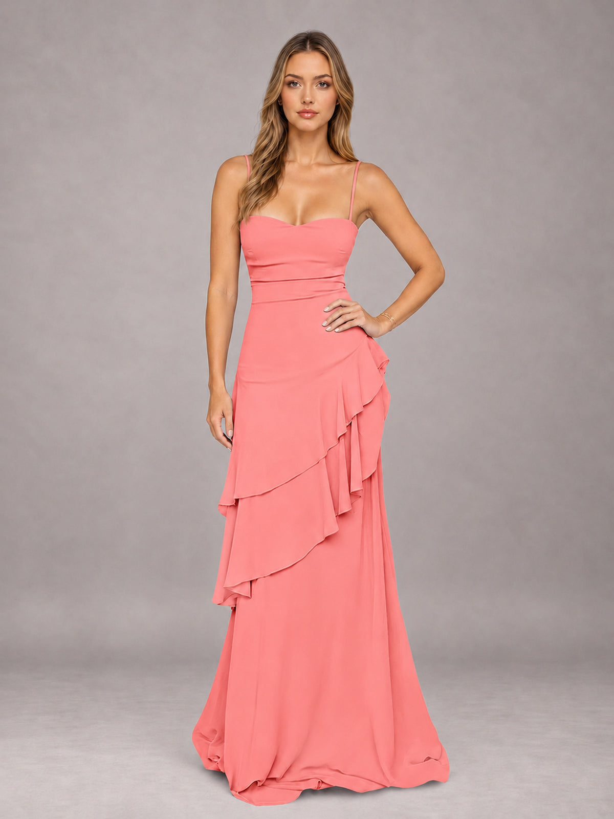 Coral A-Line Spaghetti Strap Chiffon Floor Length Bridesmaid Dress