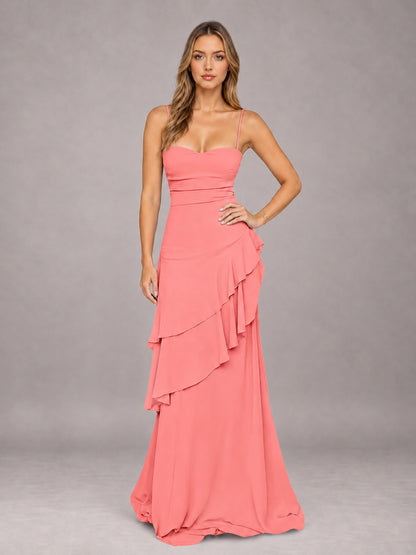 Coral A-Line Spaghetti Strap Chiffon Floor Length Bridesmaid Dress
