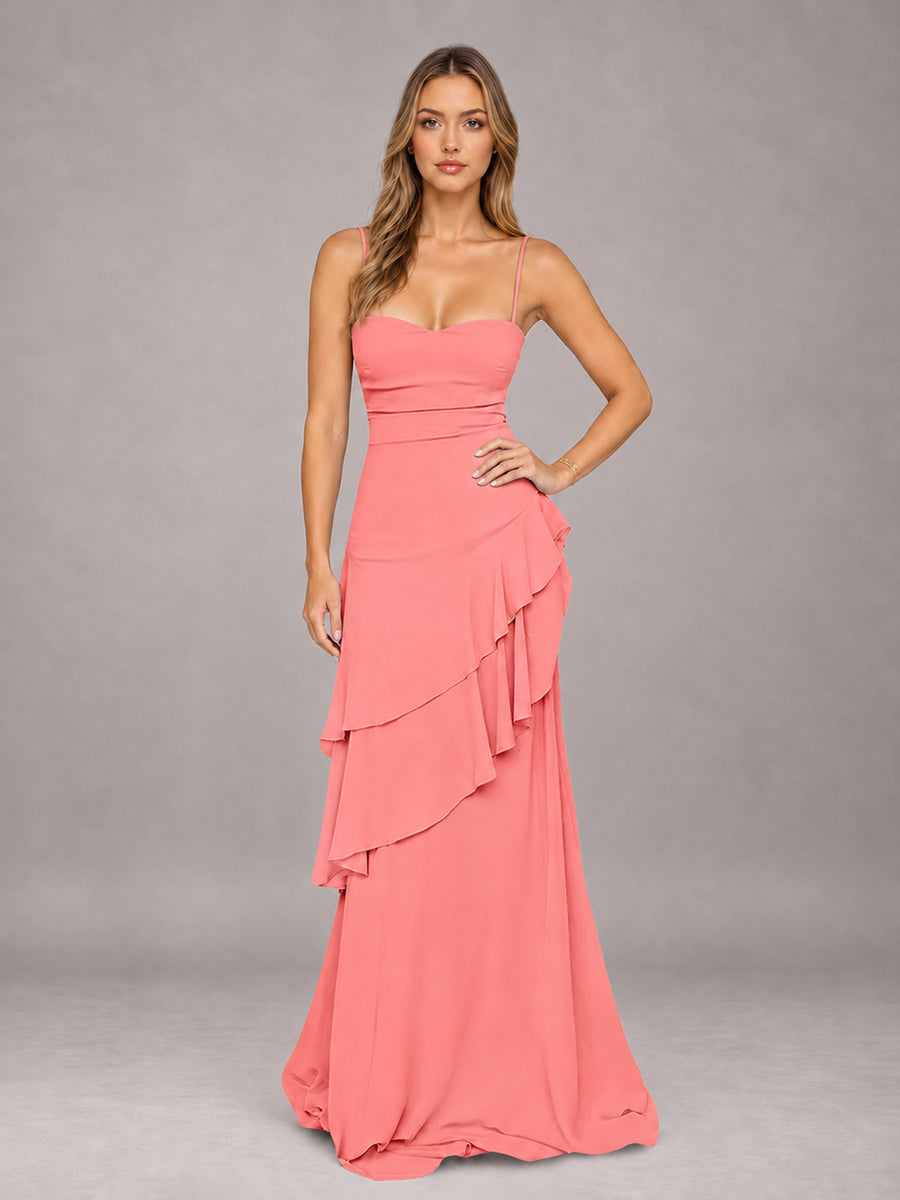 Coral A-Line Spaghetti Strap Chiffon Floor Length Bridesmaid Dress