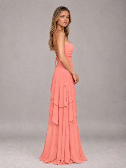 Coral A-Line Spaghetti Strap Chiffon Floor Length Bridesmaid Dress