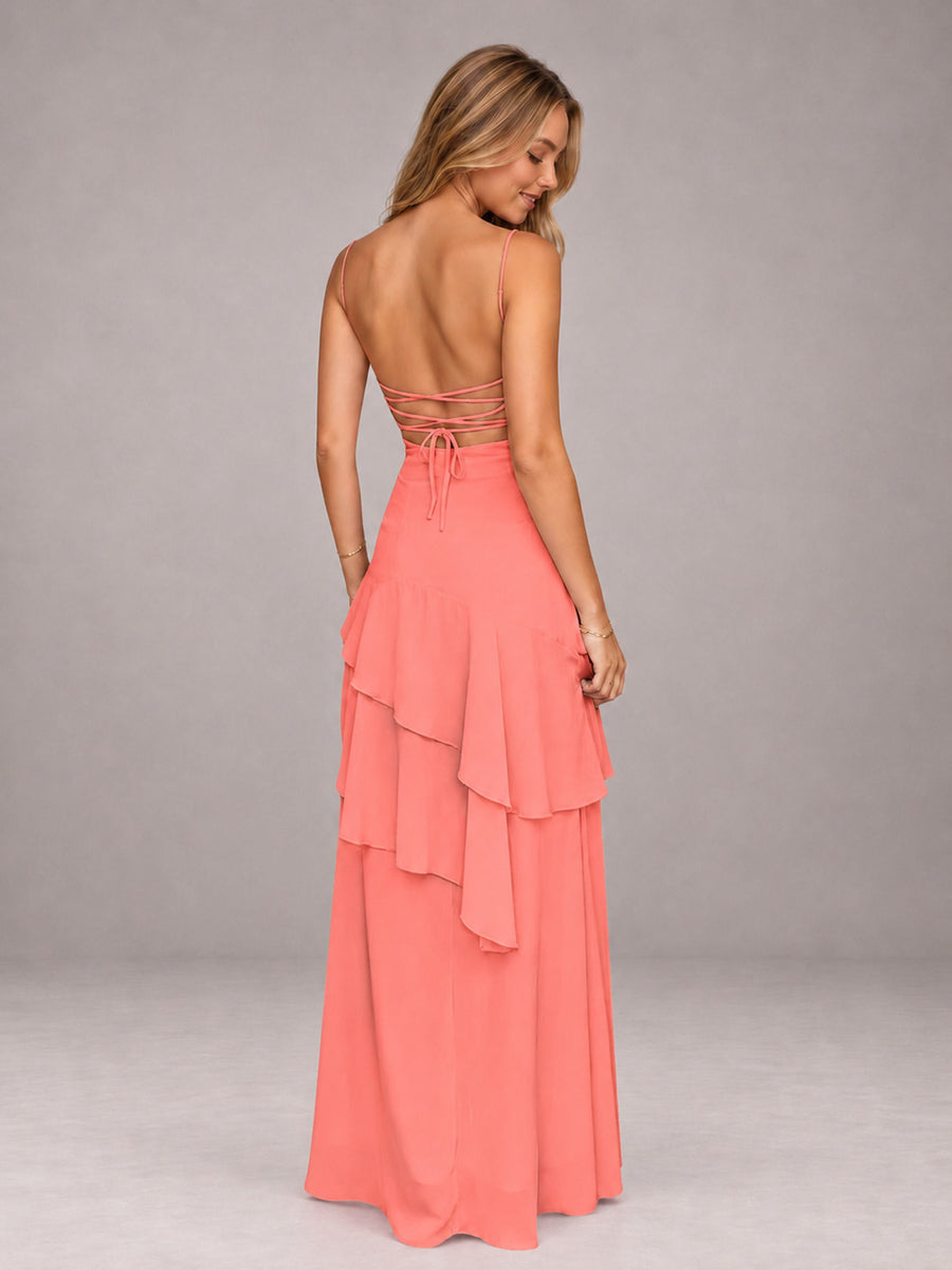 Coral A-Line Spaghetti Strap Chiffon Floor Length Bridesmaid Dress