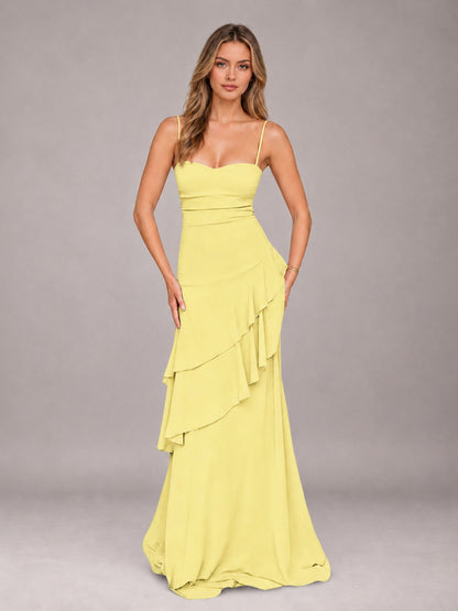 Daffodil A-Line Spaghetti Strap Chiffon Floor Length Bridesmaid Dress