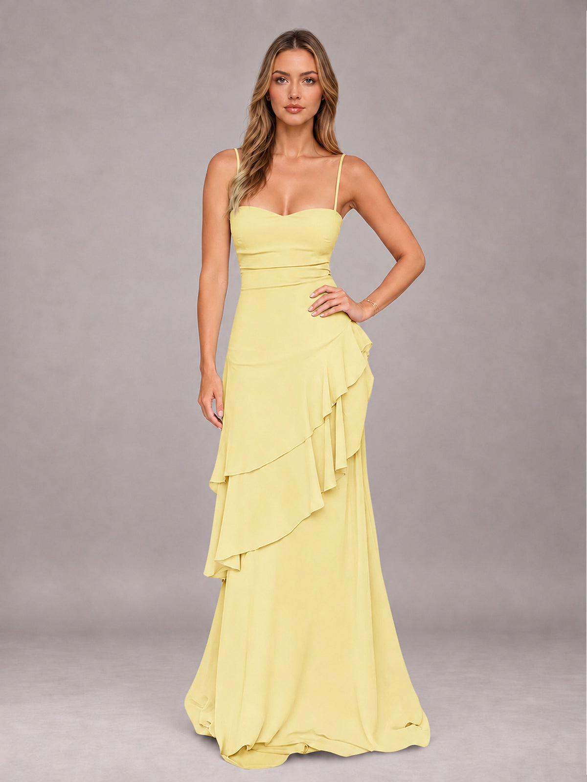 Daffodil A-Line Spaghetti Strap Chiffon Floor Length Bridesmaid Dress