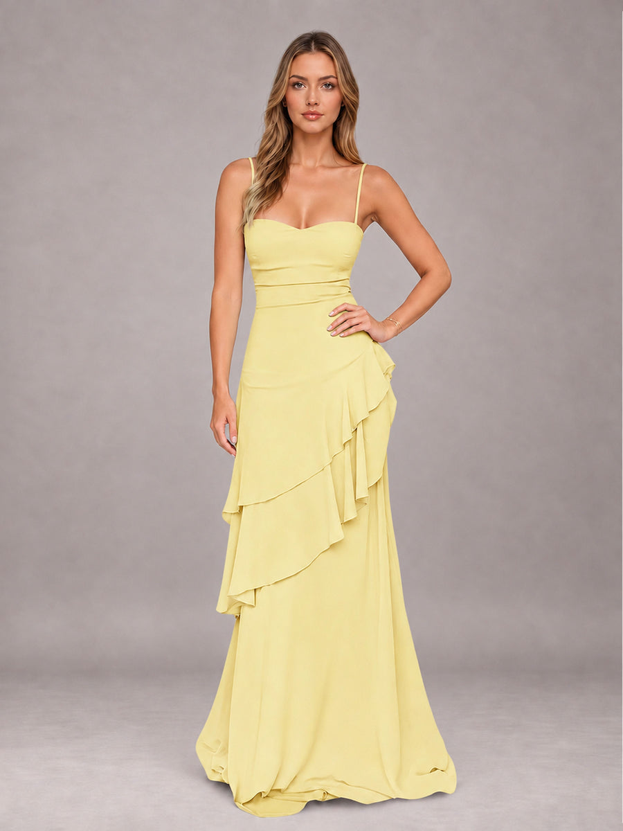 Daffodil A-Line Spaghetti Strap Chiffon Floor Length Bridesmaid Dress