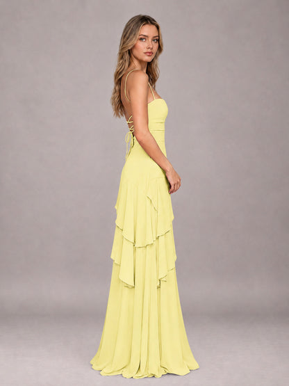 Daffodil A-Line Spaghetti Strap Chiffon Floor Length Bridesmaid Dress