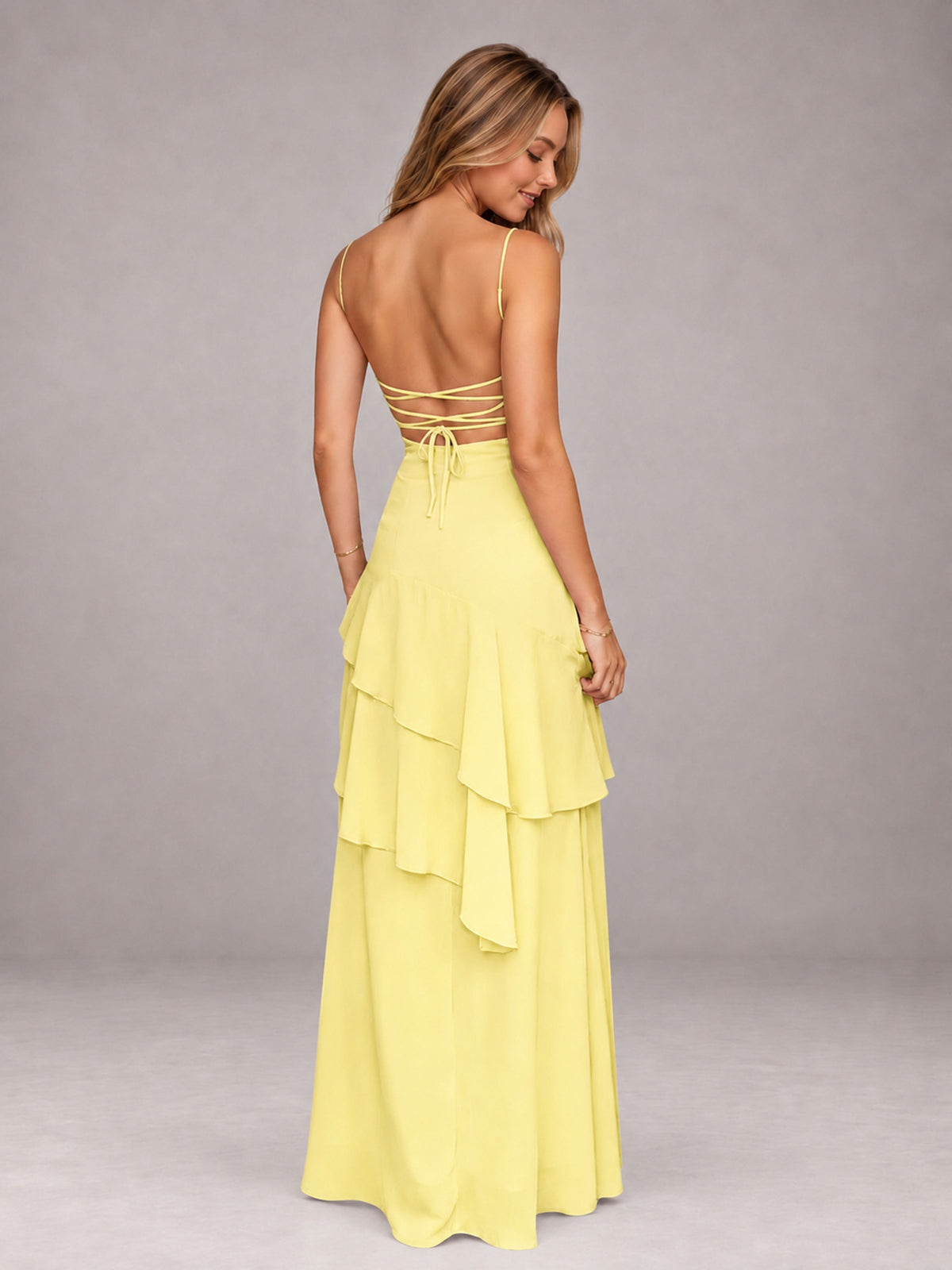 Daffodil A-Line Spaghetti Strap Chiffon Floor Length Bridesmaid Dress