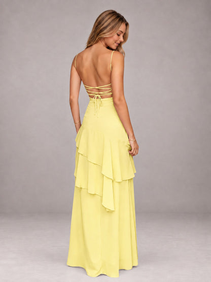 Daffodil A-Line Spaghetti Strap Chiffon Floor Length Bridesmaid Dress