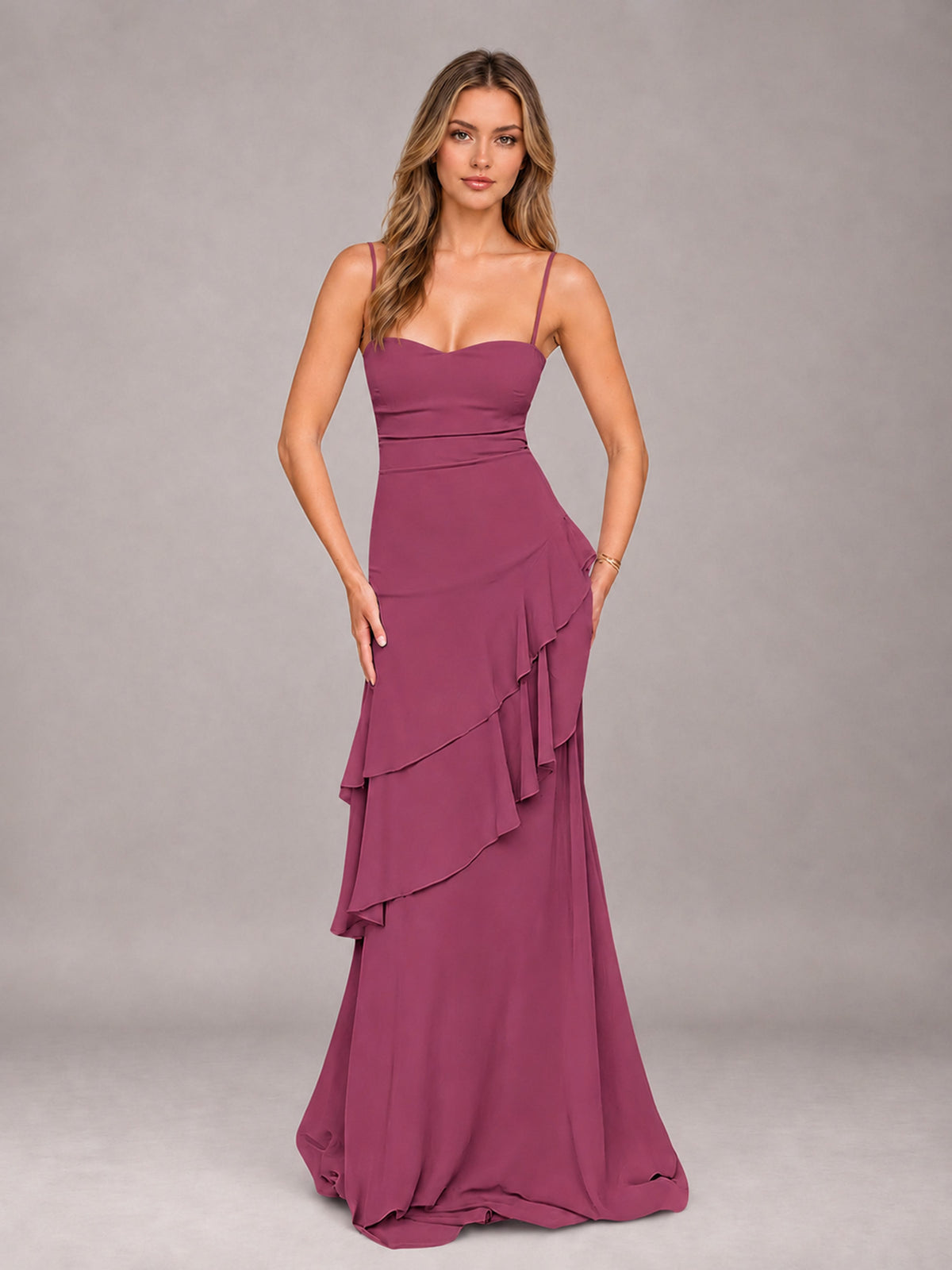 Desert Rose A-Line Spaghetti Strap Chiffon Floor Length Bridesmaid Dress