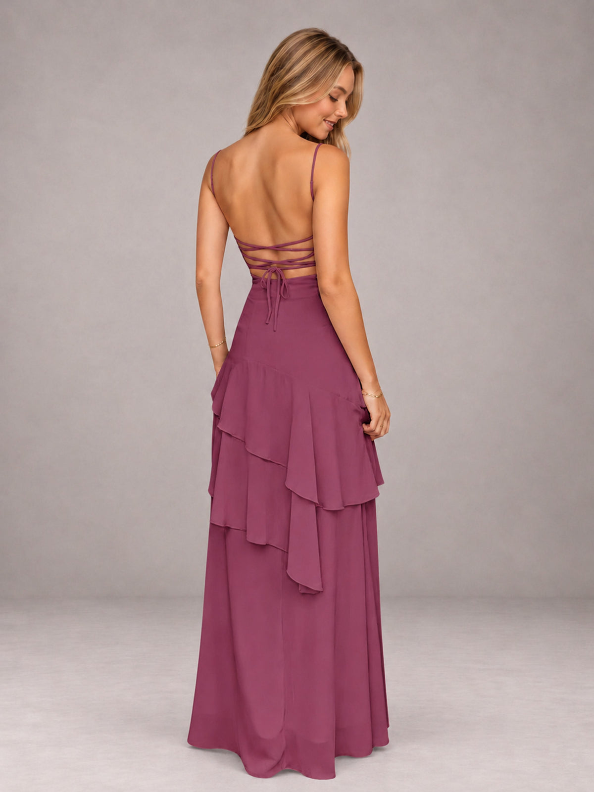 Desert Rose A-Line Spaghetti Strap Chiffon Floor Length Bridesmaid Dress