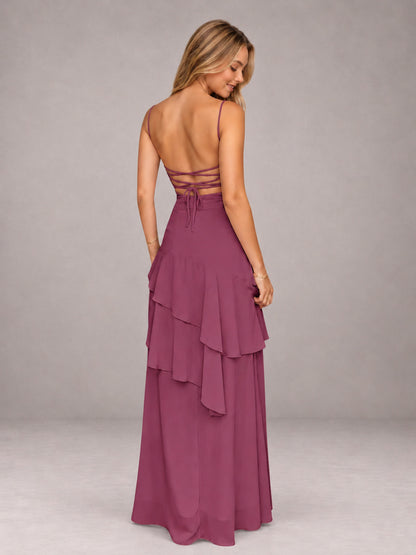Desert Rose A-Line Spaghetti Strap Chiffon Floor Length Bridesmaid Dress
