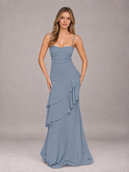 Dusty Blue A-Line Spaghetti Strap Chiffon Floor Length Bridesmaid Dress