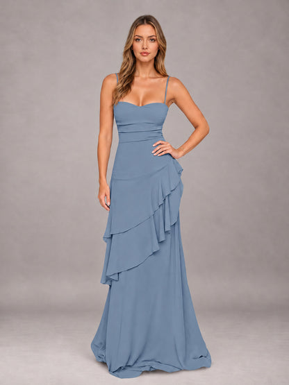 Dusty Blue A-Line Spaghetti Strap Chiffon Floor Length Bridesmaid Dress