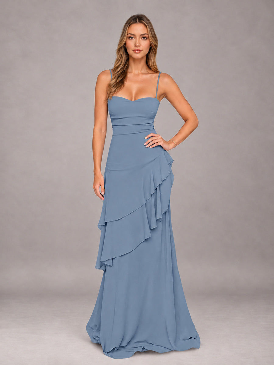 Dusty Blue A-Line Spaghetti Strap Chiffon Floor Length Bridesmaid Dress