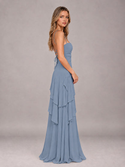Dusty Blue A-Line Spaghetti Strap Chiffon Floor Length Bridesmaid Dress