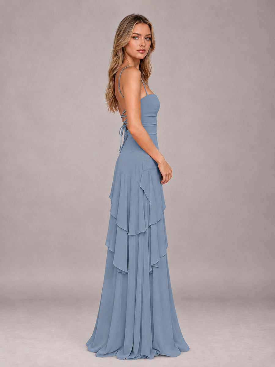 Dusty Blue A-Line Spaghetti Strap Chiffon Floor Length Bridesmaid Dress