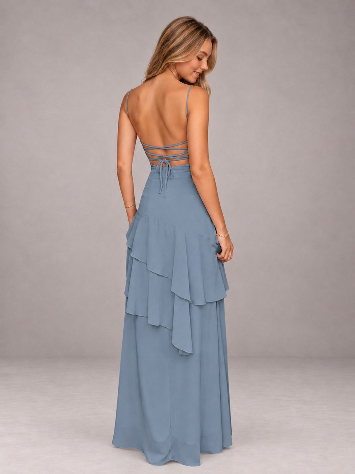 Dusty Blue A-Line Spaghetti Strap Chiffon Floor Length Bridesmaid Dress