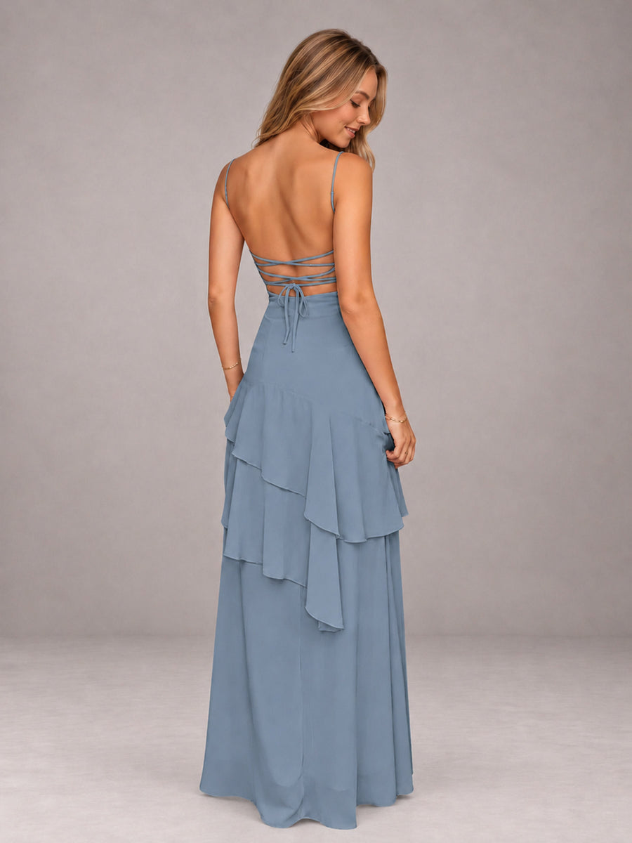 Dusty Blue A-Line Spaghetti Strap Chiffon Floor Length Bridesmaid Dress