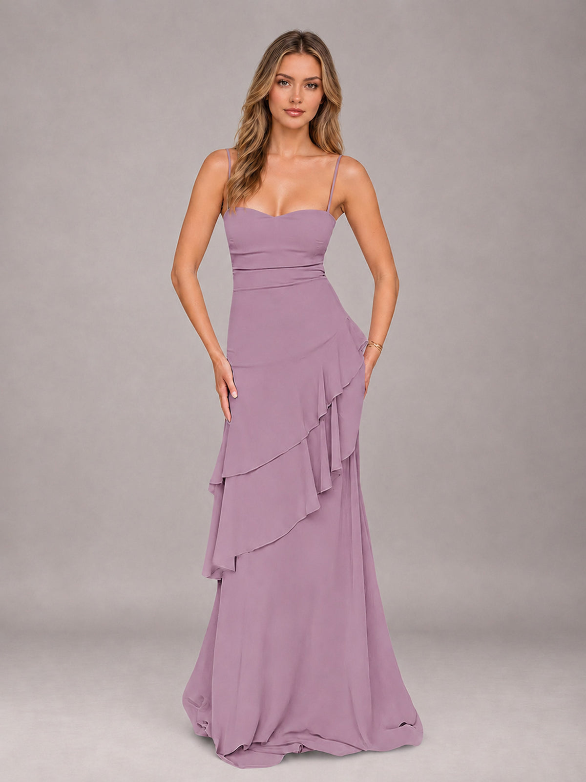 Dusty Purple A-Line Spaghetti Strap Chiffon Floor Length Bridesmaid Dress