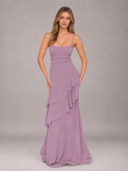 Dusty Purple A-Line Spaghetti Strap Chiffon Floor Length Bridesmaid Dress