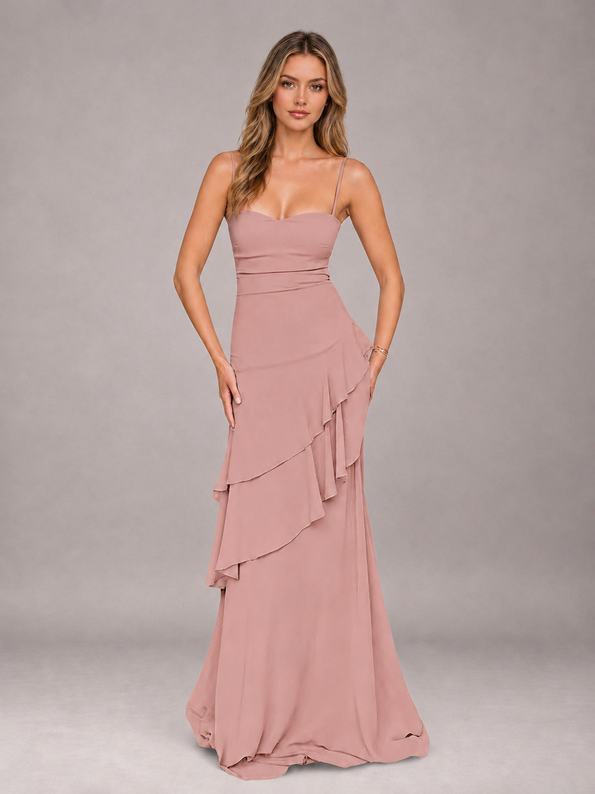 Dusty Rose A-Line Spaghetti Strap Chiffon Floor Length Bridesmaid Dress