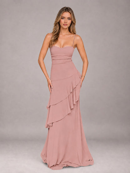 Dusty Rose A-Line Spaghetti Strap Chiffon Floor Length Bridesmaid Dress