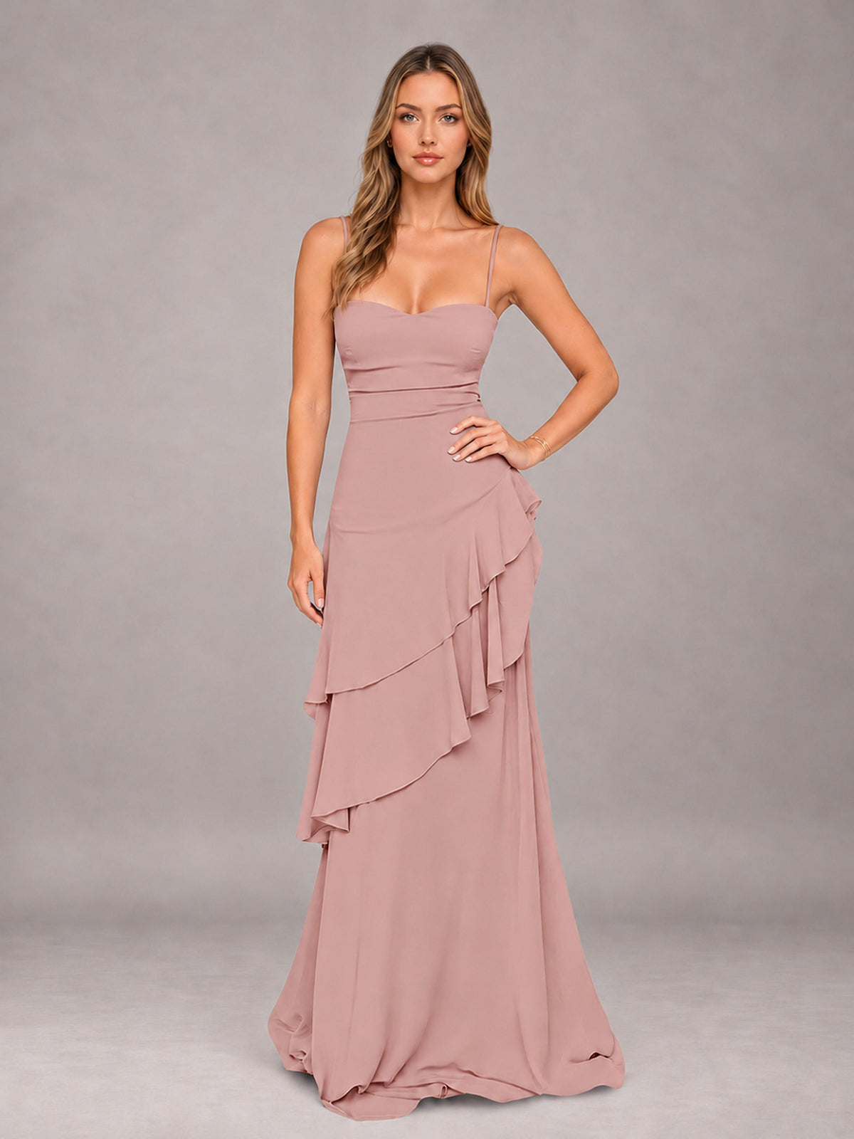Dusty Rose A-Line Spaghetti Strap Chiffon Floor Length Bridesmaid Dress