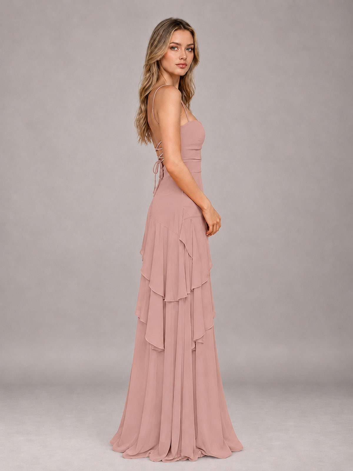 Dusty Rose A-Line Spaghetti Strap Chiffon Floor Length Bridesmaid Dress