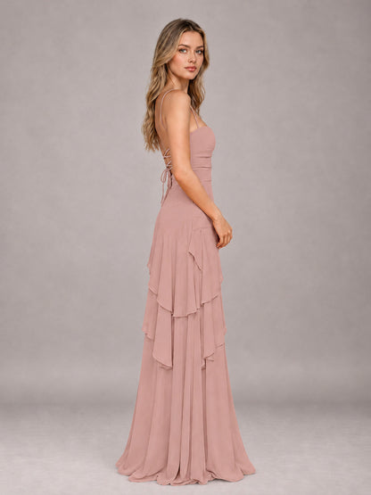Dusty Rose A-Line Spaghetti Strap Chiffon Floor Length Bridesmaid Dress