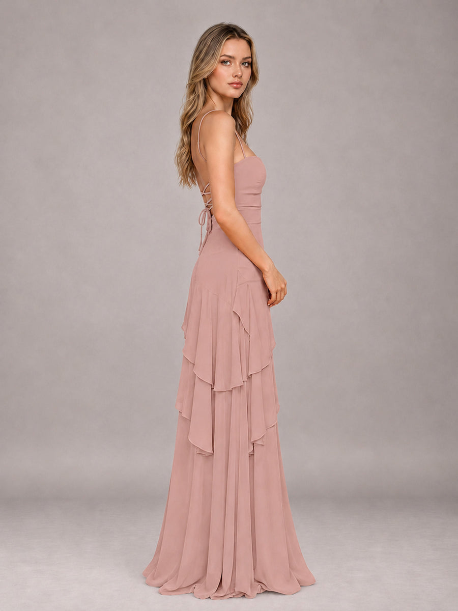 Dusty Rose A-Line Spaghetti Strap Chiffon Floor Length Bridesmaid Dress
