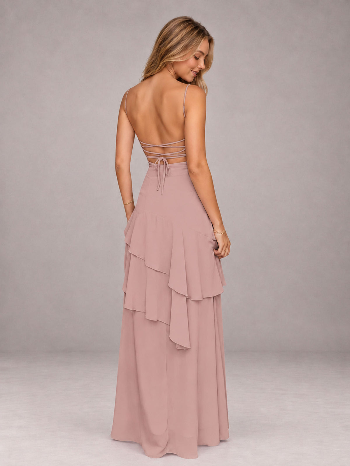 Dusty Rose A-Line Spaghetti Strap Chiffon Floor Length Bridesmaid Dress