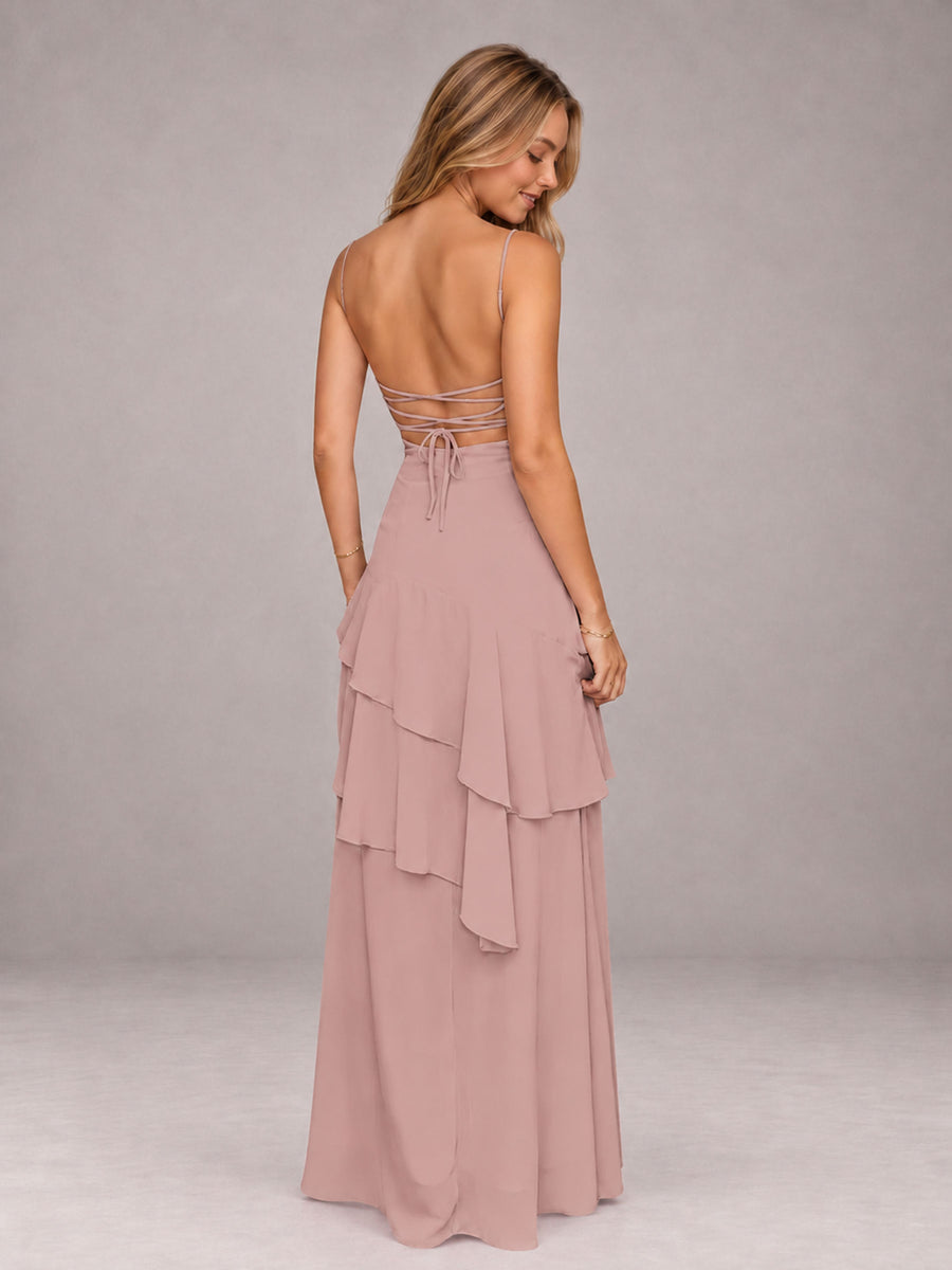 Dusty Rose A-Line Spaghetti Strap Chiffon Floor Length Bridesmaid Dress