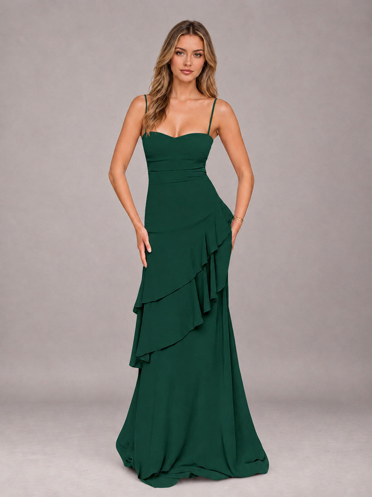 Emerald Green A-Line Spaghetti Strap Chiffon Floor Length Bridesmaid Dress