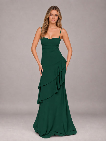 Emerald Green A-Line Spaghetti Strap Chiffon Floor Length Bridesmaid Dress